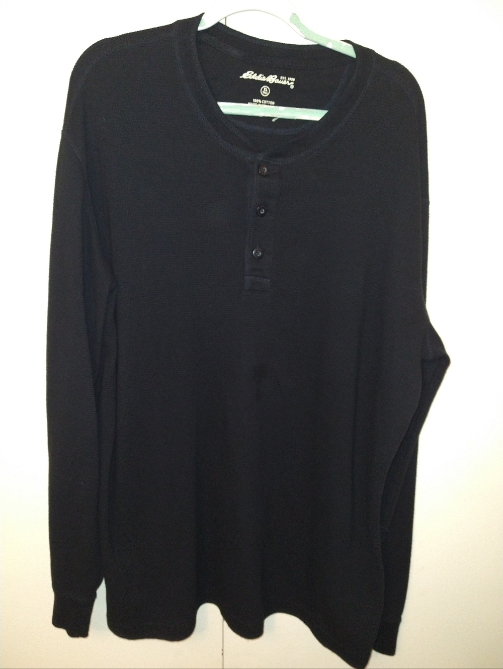 Eddie Bauer Black Thermal Waffle Knit Long Sleeve Henley Shirt Men's sz XL Tall.